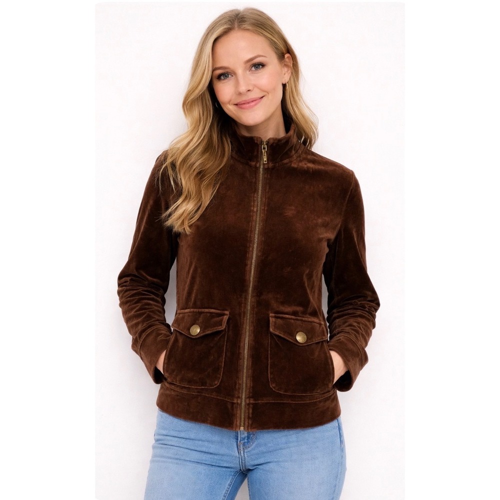 Lauren Ralph Lauren Petite Brown Velour Zip Up Jacket Mock Neck Gold Buttons PM